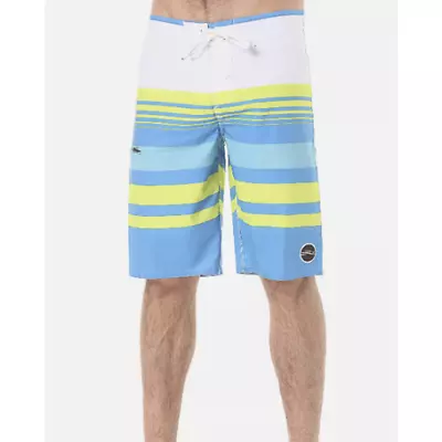  O'NEILL Size 32 HYPERFREAK Heist Blue Yellow Stripe 11  Board Shorts TINY FLAW • $11.99
