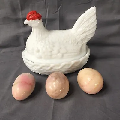 Easter LOT White Milk Glass Nesting Chicken Candy Dish & 3 Marble Eggs Alabaster • $18