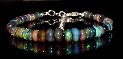 925 Sterling Silver Ethiopian Black Opal Gemstone Beads 7''Bracelet A1170 • $14.40