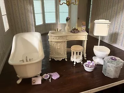 Dollhouse Miniature- Victorian Bathroom White 4 Pc Set Toilet Tub Vanity Stool • $125