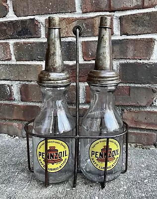 Set Of (2) PENNZOIL Motor Oil Bottles With Metal Wire Oil Bottle Carrier • $165.58