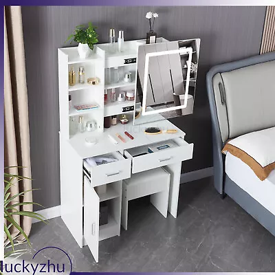 Dressing Table W/drawers LED Lights Mirror Stool Set Bedroom Vanity Makeup Desk • £144.82