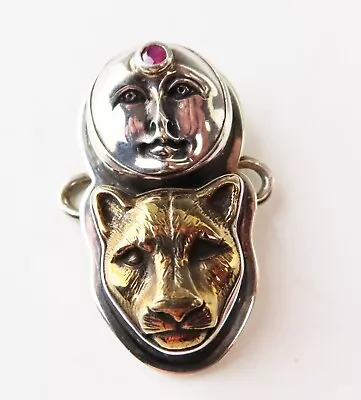 Tabra Sterling Charm Bronze Jaguar Silver Moon Goddess With Red Garnet Stone • $365