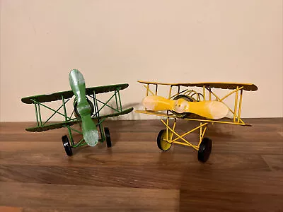 Two Tin Plate Metal Aeroplanes Yellow & Green  Ornament Retro New • £14.99