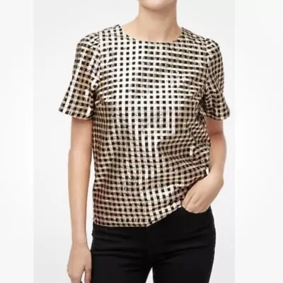 J CREW Medium Lurex Metallic Threads Puff Sleeve Blouse Top Black & Gold Check • $13.49