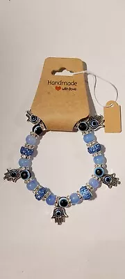 BLUE EVIL EYE Beaded Stretch Protection Mal De Ojo Hamsa Hand Bracelet. • $9.98