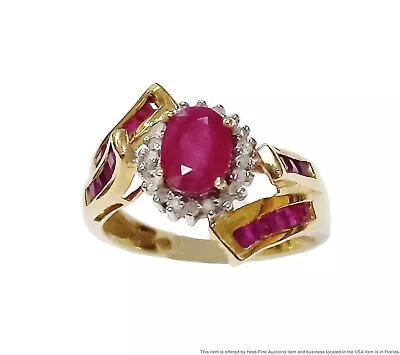 Natural Ruby Diamond Halo 14K Yellow Gold Vintage Bypass Cocktail Ring • $143.50