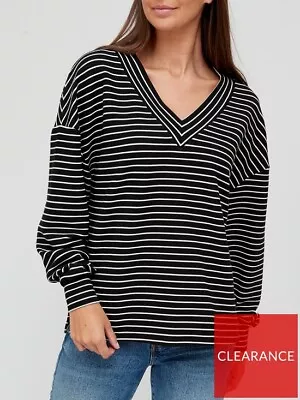 V By Very V Neck Slouchy Women Top Size 16 Black Stripe Long Sleeve  Free P&P • £13.12