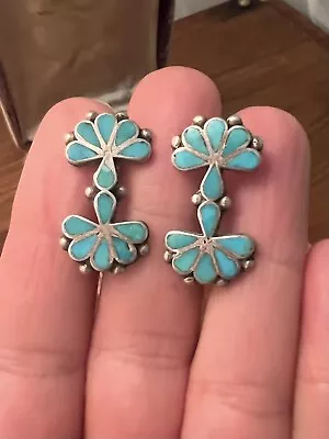 Vintage Dishta ZUNI STERLING SILVER INLAID TURQUOISE Squash Blossom EARRINGS • $125