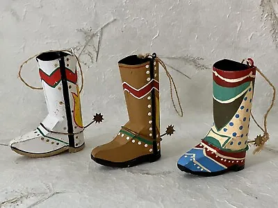 Mini Cowboy Boot Western Hand Painted 3” Ornament Rustic Metal Decor Set Of 3 • $15.50