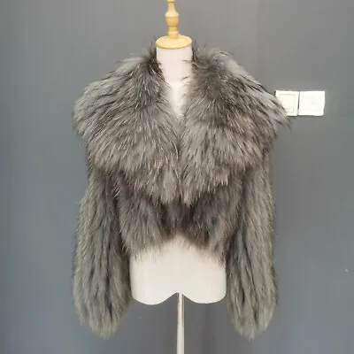 Real Raccoon Fur Strips Large Fur Collar Short Women's Winter Coat Jackets Parka • $183.57