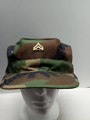 Vtg US Marine Corps USMC Woodland Camo Utility Cover Hat Cap. Corporal Chevron • $13.29