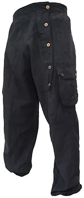 Mens Button Up Crinkled Harem Cotton Hemp Pants Cargo Combat Trouser Hippie • £29.99