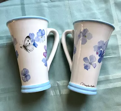 Marjolein Bastin Tall Coffee/Tea Mug Blue Floral Butterfly Set Of 2 • $23.95