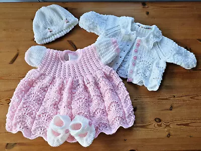 £30 • Buy New Handknitted Baby Girl Set. Dress, Cardie, Hat, Shoes. Pink/white. 0-6 Months