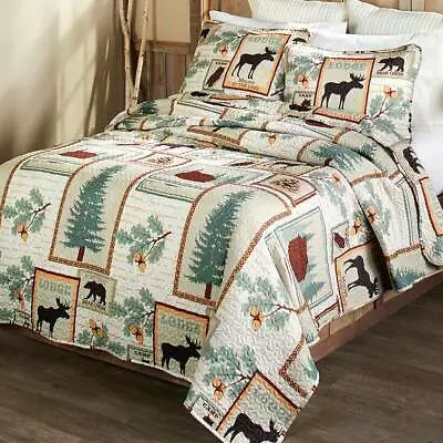 Full/Queen Lodge Cabin Moose Quilt Set King Mountain Evergreen Pinecone Quilt  • $99.99