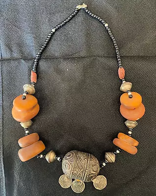 Vintage African Berber Moroccan Necklace Silver Abmer Resin Beads Womens Jewelry • $149