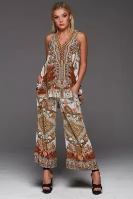 NEW W/TAG CZARINA 100% SILK CRYSTALS ELASTIC WAIST PALAZZO PANTS  XS Rrp $399 . • $199.99