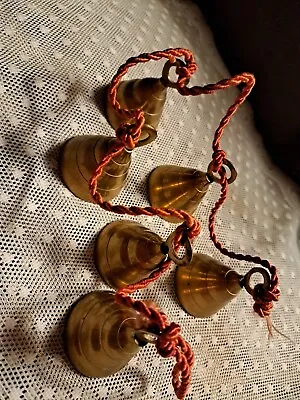 Vintage 6 Christmas Hanging 3  BRASS BELLS On 30  RED ROPE  • $12.14
