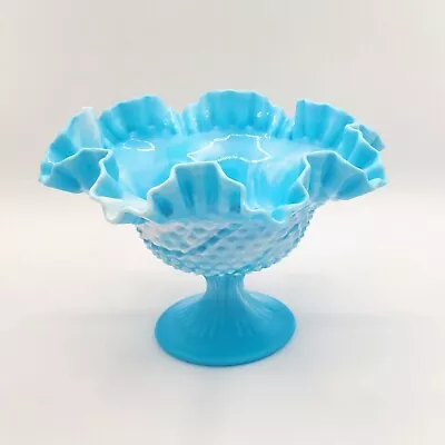 9in Fenton Blue & White Slag Glass Hobnail Pedestal Compote W/Ruffled Edge • $55