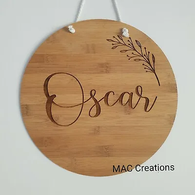 Wood Name Wall Plaque Sign Baby Kids Round Floral Leaf Wooden Birth Announcement • $20