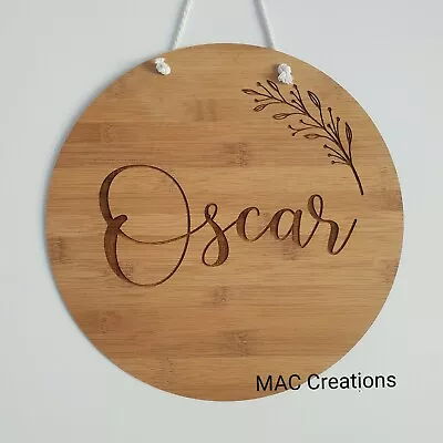 Wood Name Wall Plaque Sign Baby Kids Round Floral Leaf Wooden Birth Announcement • $20