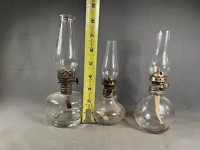 Vintage Lot Of 3 Mini Oil Lamps Clear Glass W/Wick And Hurricane Tops 4402 • $35