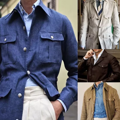 Summer Linen Men's Safari Jackets Four Pockets Causal Leisure Fit Hunting Coats • $55.79