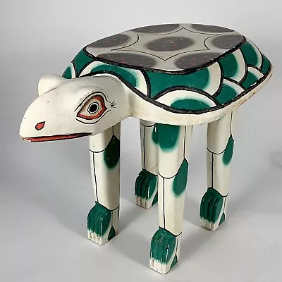 Vintage Indonesian Folk Art TURTLE TABLE Hand Carved & Painted BENCH STOOL 14” • $52.95