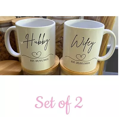 Personalised Hubby Wifey Couple Mugs Gift Wedding  Couple Mug Custom Date • £12.99