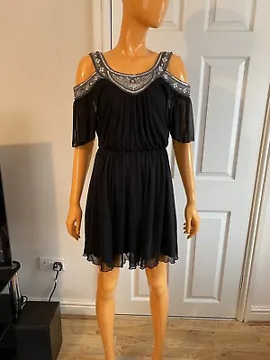 Miss Selfridge Black Embellished Sequins Cold Shoulder Short Dress Size UK8 EU36 • $8.69