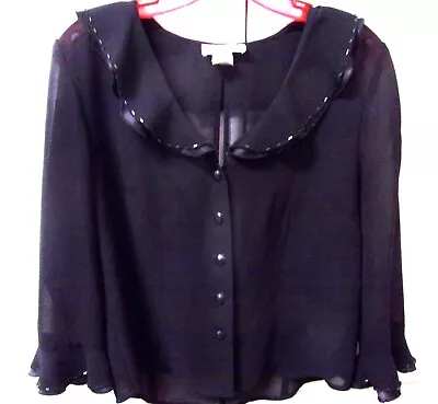 Vintage Black Sheer Blouse Miss Dorby Size 10 Beaded Cover Up Button Front EUC • $19.95