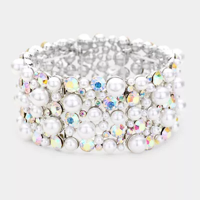 NEW Silver Tone White Faux Pearl AB Crystal Rhinestone Cluster Stretch Bracelet • $16.95