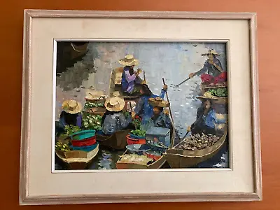 $125 • Buy Thailand Floating Market Canal Scene Oil On Canvas-Prayong Saetia