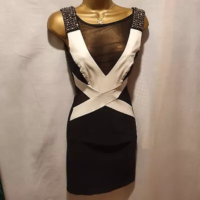 Jane Norman Black White Bandage Bodycon Cut Out Mesh Gem Detail Dress Size 8 • £15.99