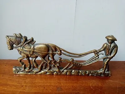 £2.99 • Buy Vintage Brass Horse Door Stop Ornament - Man Farmer And Work Horses Plough