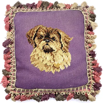 Pekingese Needlepoint Embroidery Pillow Purple Pink Tassles 13 X14  Vintage Dog • $89.99