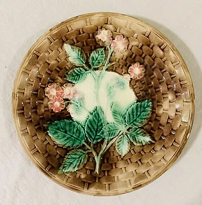 Majolica Blackberries Basketweave Plate 10” Brown & Green Antique Vintage • $32