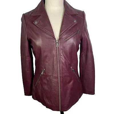 Motto Burgundy Leather Jacket Notch Collar Fitted Zippers Bikercore Womens Small • $49