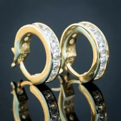 Mens 14K Gold Plated Iced Solitaire Real Sterling Silver Hoop Huggie Earrings  • $17.99