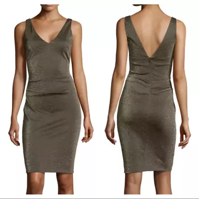 NICOLE MILLER ~ Gold Metallic Ponte Double V Sheath Party Dress P NEW $355 • $63.99