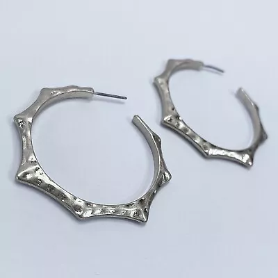 Matte Silver Finish Hammered Metal Pointed Circle Open Hoop Style Post Earrings • $7.99