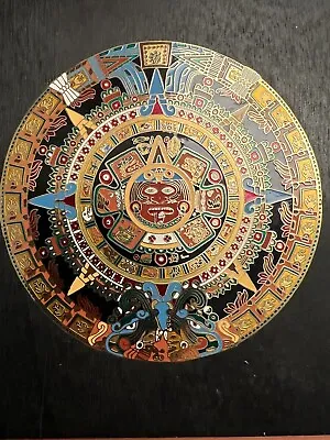 Large Aztec Mayan Calendar Wall Plaque Enameled Brass On Wood Art • $26.95