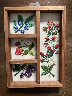 Vintage Shadow Box Frame Crewel Embroidery Fruit Plants 7.5  X 5.5  • $30