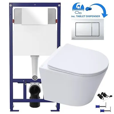 £154.95 • Buy Rimless ECO Wall Hung Toilet Pan, Seat & 1.12m Concealed WC Cistern Frame Unit