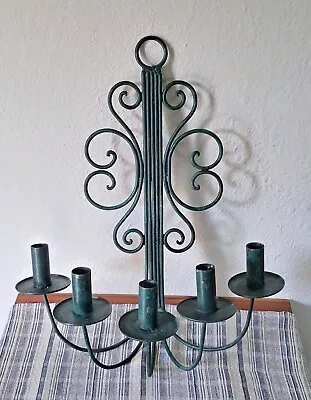 Vintage Wrought Iron Green Patinated Wall Sconce 5 Candle Holder Candelabra 18  • $75