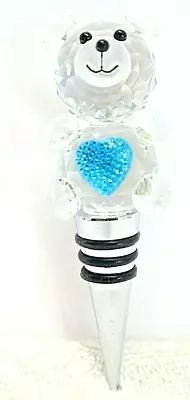 Glass Teddy Bear Wine Stopper Blue Heart Bottle Barware Black Eyes Collectible • $9.64