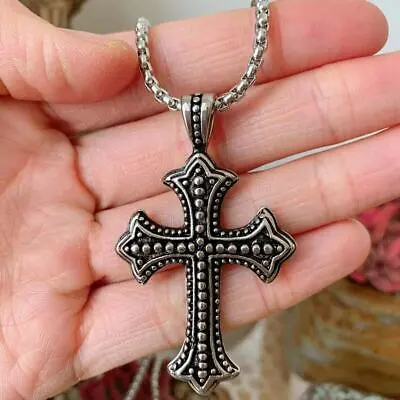  Mens Biker Catholic Cross Pendant Necklace For Men Ashes Stainless Steel • $10.99