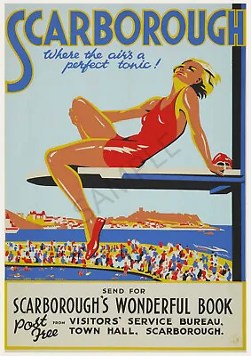 Vintage RAILWAY POSTER Art Deco Girl Scarborough Outdoor Pool Lido PRINT A3 A4 • £5.99