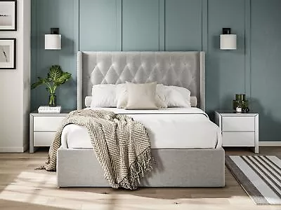 King Size Bed Fabric Bedframe Ottoman  - Grey - Linen • £560.18